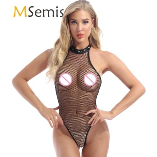 Womens Lingerie Fishnet Bodysuit See-through Mesh Hollow Out High Cut Leotard Halter Sleeveless Backless Transparent Catsuit