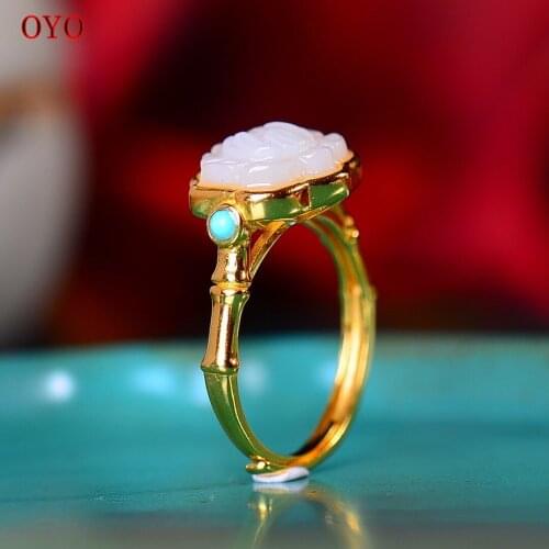 Real S925 Silver Vintage Silver Ring Womens Fashion Silver Inlaid Turquoise Hetian Jade Lotus Ring