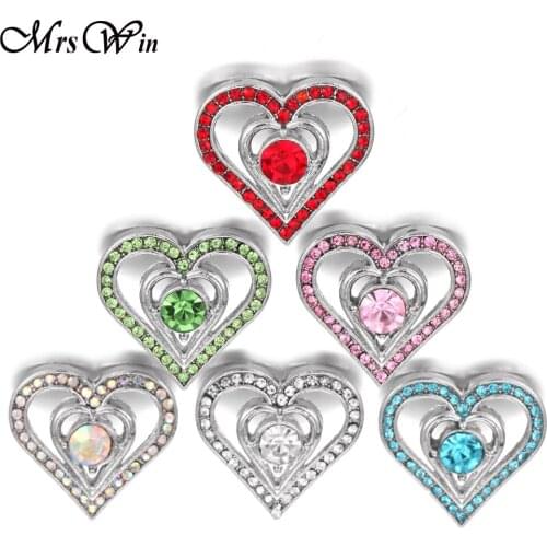 6pcs/lot New Snap Jewelry 18mm Snap Buttons Rhienstone Crystal Love Heart Snap Button Jewelry Fit Snap Bracelet Bangle