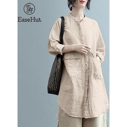 EaseHut Women Cotton Linen Blouse Vintage Stand Collar Pocket Long Sleeve Tunic Tops Plus Size Loose Casual Long Shirt Dress