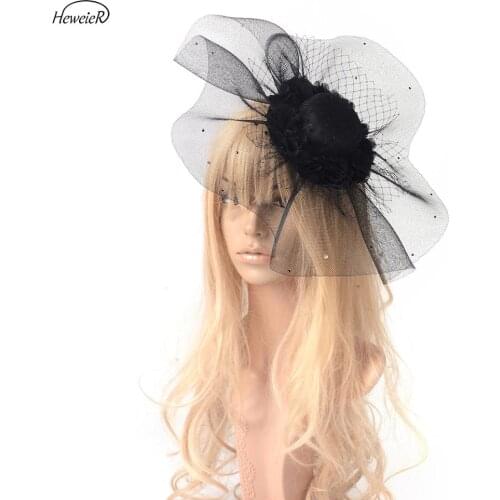 Black Large Fascinator Church Hat Flower Mesh Netting Hair Clip Women Handmade Accessories