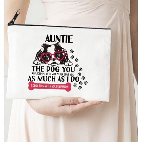 Auntie Dog Print Cosmetic Makeup Bag Canvas Organizer Zipper Pouch Love Dog Casual Travel Portable Storage Purse Letter