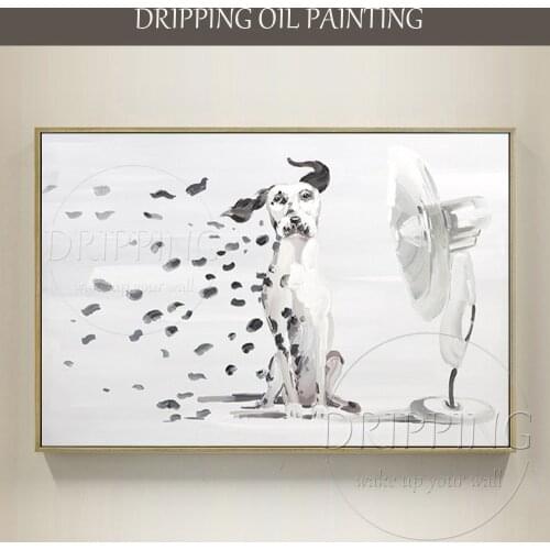 Artist Hand-painted Funny Design Dalmatian Oil Painting on Canvas Handmade Spotted Dog Blowing Fan Oil Painting for Living Room