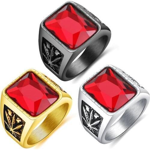 Trendy Bohemian Red Crystal Inlaid Ring Mens Geometric Ring Metal Gold-Plated Maple Leaf Pattern Ring Accessory Party Jewelry