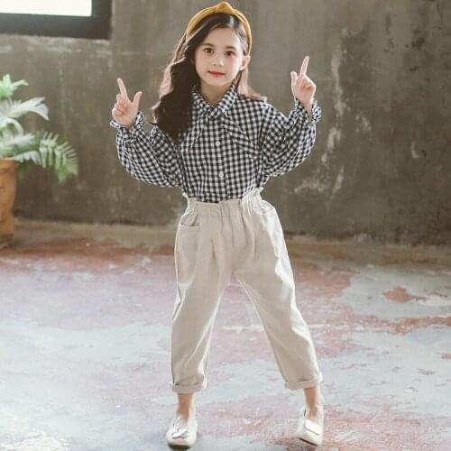 Girls Clothes Set Cotton Kids Clothing Plaid Shirt+Pants 2Pcs Spring Autumn Children Clothes Girls Sports Suit 4 6 8 10 12 Years