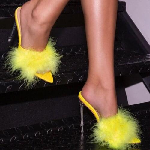Summer Woman Pumps PVC Transparent Feather Perspex Crystal High Heels Fur Peep Toe Mules Slippers Ladies Slides Shoes