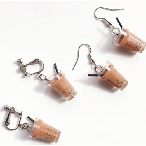 Simulated Resin Mini Milk Tea Earrings for Women No Pierced Ear Clip Funny Interesting Party Korean Jewelry Christmas Gift ER724