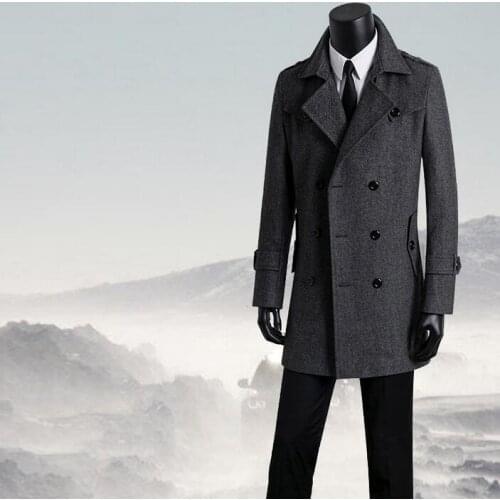 Mens clothing plus size woolen coats mens overcoat medium-long coat men double breasted coats belt grey casual outerwear S- 9XL