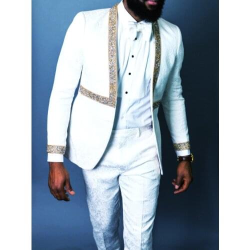 New Arrival Groomsmen White Pattern Groom Tuxedos No Buttons Men Suits 2 Pieces Wedding Bridegroom ( Jacket+Pants+Bow Tie ) D219