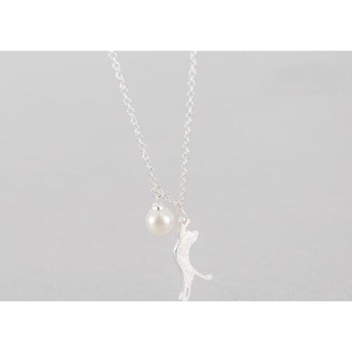 New Style Fashion Cute Kitten Pearl Silver Plated Jewelry Sweet Women Cat Silver Plated Clavicle Chain for Women Party Jewelry