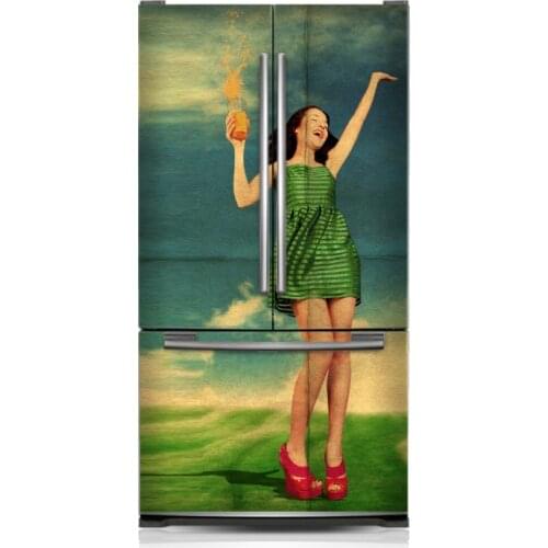 Wholesale 3D Orange Girl SelfAdhesive Dishwasher Refrigerator Freeze Sticker Kids Art Fridge Door Cover Wallpaper