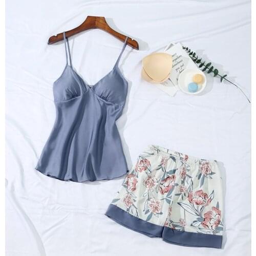 2019 Sleep Lounge Pajamas Set Satin Sleepwear Pijama Women Pyjama Femme Fashion Flower Print Pajamas With Chest Pads