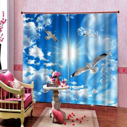 Blue White cloud sky Seagull Curtain Digital Print For Living Room Bedroom Blackout Drapes Cortinas Sets Customizable any Size