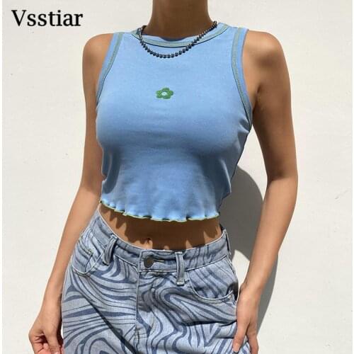 Vsstiar Cotton Tank Top Blue Casual O Neck Sleeveless Sexy Crop Tops Streetwear 2021 Fashion Floral Summer Women T-Shirt