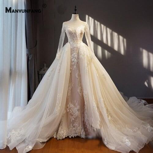 High-End O-Neck Full Sleeve Detachable Train Bridal Ball Gown Elegant Embroidery Appliques Tulle Lace Up Mermaid Wedding Dress