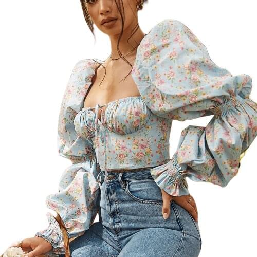 Womens Casual Puff Sleeve T-shirt Fashion Floral Tie-up Square Collar Exposed Navel Tops