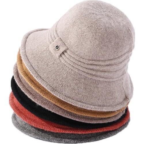 Women Knitted Dome Bucket Hat Solid Color Round Top Bell-Shaped Winter Fisherman Cap