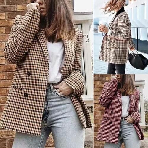 Women Plaid Blazers and Jackets Work Office Lady Suit Slim Double Breasted Business Female Blazer Coat Talever