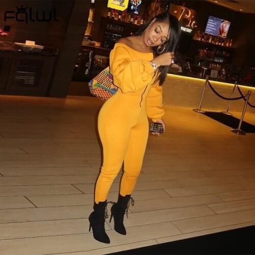FQLWL Ruched Lantern Long Sleeve Jumpsuit Women One Piece Outfit Bodycon Romper Female Black Solid Off Shoulder Jumpsuit Ladies
