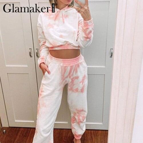 Glamaker Womens clothing co ord set casual summer long sleeve outfits suit sets pink tie dye crop top 2 piece set top and pants