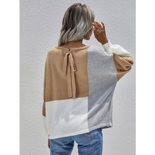 Fashion Long Sleeve Hollow Out Splicing Color Knitted Sweaters O-Neck Tops Loose Back Bandage Cardigan Womens Sweater 2021