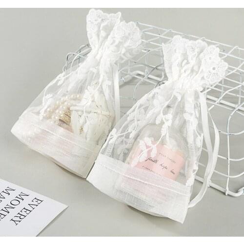 1pc White Jewelry Cosmetic Perfume Dried Flower Organza Drawstring Pockets Wedding Halloween Party Candy Wrappling Reusable Bags