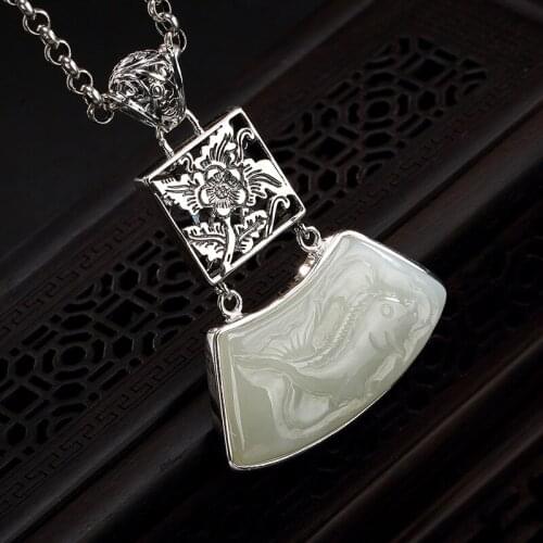 2018 Limited Accented New S925 Pure Natural Hetian Inlay Sank Wholesale Carp Peony Chain Pendant Sweater