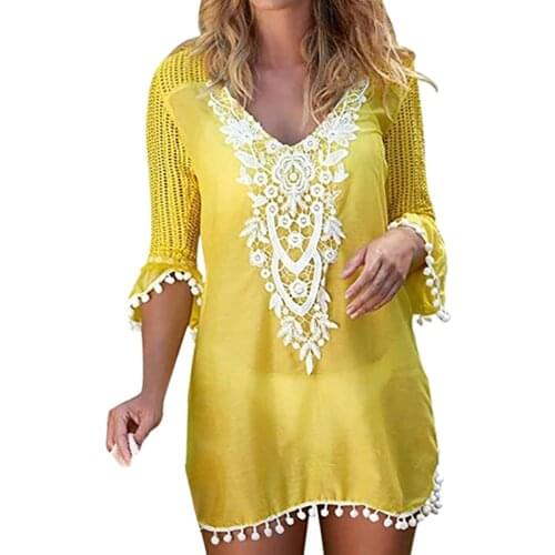 2019 Sexy Beach Dress Women Pom Pom Trim Tassel Beach Tunics Patchwork Lace Crochet Swimwear Beach Cover Up Pareos De Playa