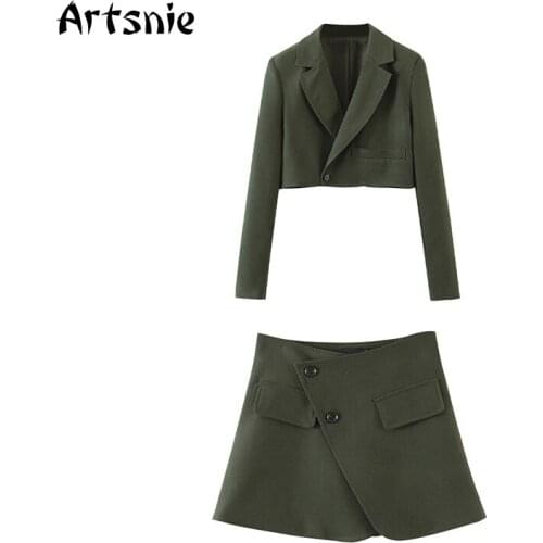 Artsnie Winter Corduroy Tracksuit Women Two Piece Set Single Breasted Cropped Blazers High Waist Split Skirtstracksuits Outfit
