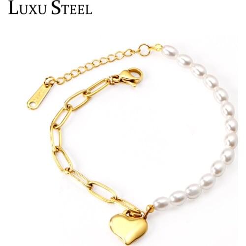 LUXUSTEEL New Punk Jewelry Heart Link Chain Bracelets Ppulseras Mujer Gold Color Fashion Imitation Pearl Bracelets Bangles