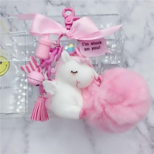 2021 Babies Unicorn Horse Keychain Plush Keyring Pony Pvc Bag Charm Fur Pompom Ball Pendant Kids Toys Metal Lovely Pendant D300
