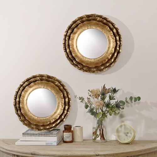 French Retro Gold Flower Shape Old Wrought Iron Decorative Wall Hanging Round Mirror Home Living Room Bedroom Decor Accessories
