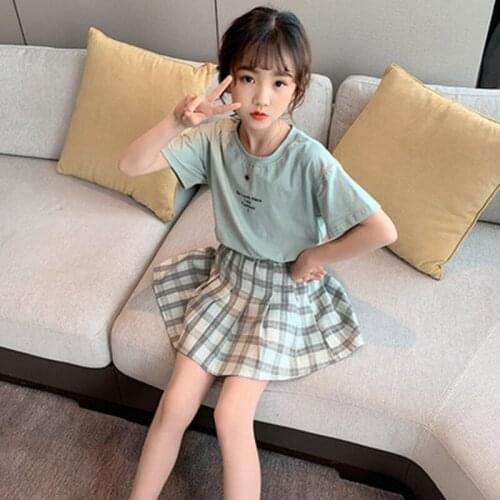 Children Clothing Girls Short-sleeve Outfits 2021 Summer New Printed T-shirts + Plaid Skirt Sets Big Girls Clothes Size 10/12
