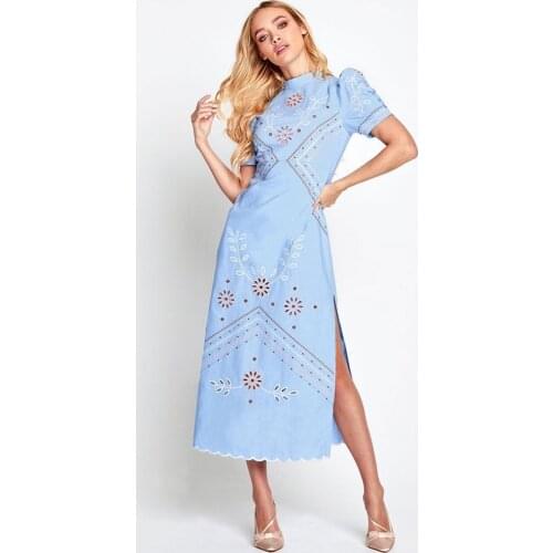 DUISNENA long boho dress O-neck vintage summer dress floral embroidery cheongsam slim robe puff sleeve side split vestidos