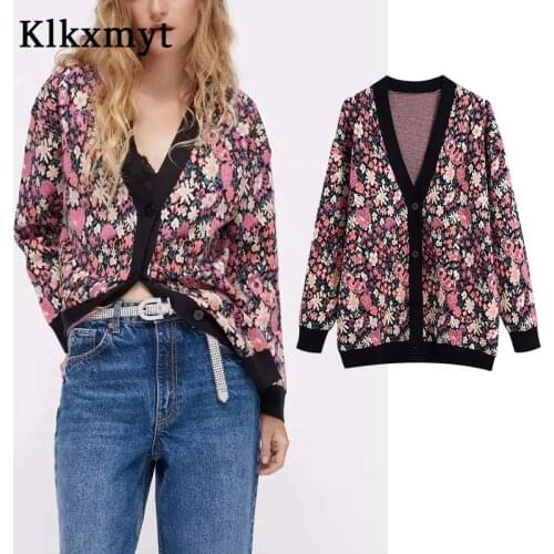 Klkxmyt Za Cardigan Women Sweater 2021 Autumn Single Breasted Fashion Flower Jacquard Knitted Ladies Cardigan Coat Vintage Tops