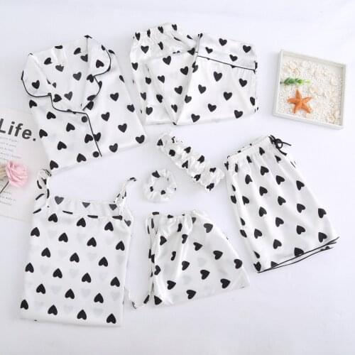 Lisacmvpnel 7 Pieces Set Love Pattern Pyjamas Set Sweet Printing Fashion Women Pajamas Ice Silk Sleepwear