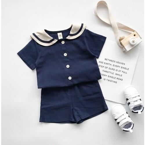 Korean Style Kids Sailor Collar Cotton linen Clothes Sets Cute Boys Girls Short Sleeve T Shirt + Shorts Suits Children Clothes