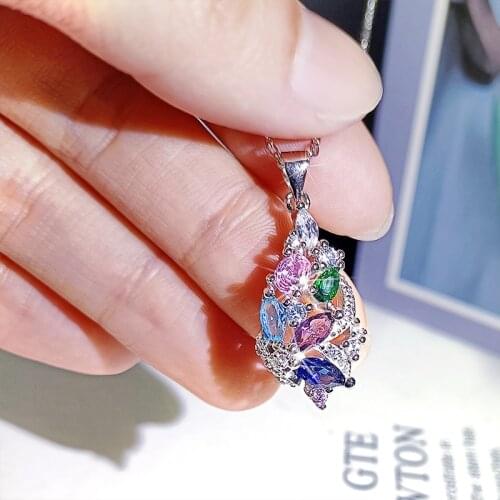 Hot Sale 100% 925 Silver Crystal Stone Pendant Necklace for Women Bright Multicolor Zirconia Clavicle Chain Trendy Jewelry 2021