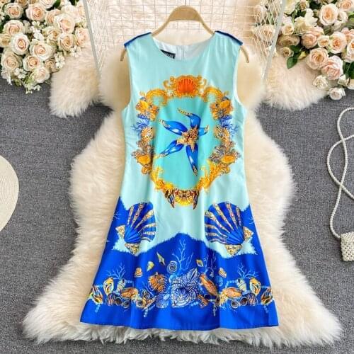 Summer Fashion Starfish Leopard Printed Vest Dress Womens Sleeveless Tank Zipper Elegant Loose Waist Round Neck Mini Vestidos