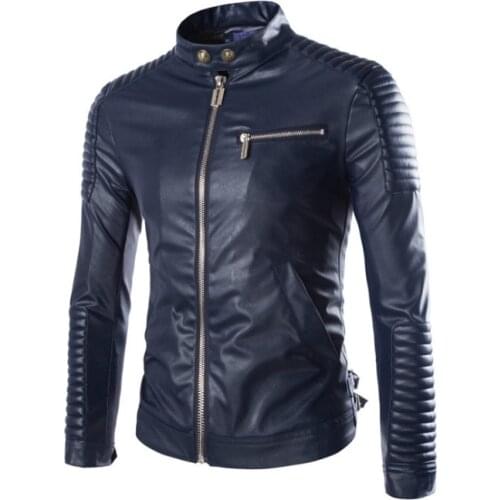 Pop New Design Motorcycle Biker Jacket Fashion Stand Collar Men Leather Jacket Casual Zippers Faux Leather Jacket Male Outwear