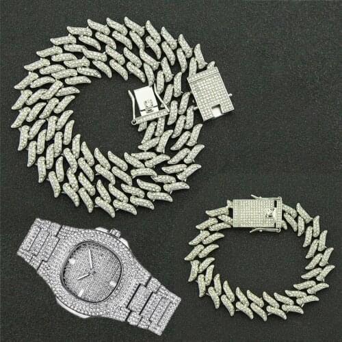 3pcs Kit 20MM Hip Hop Iced Out Full Rhinestone Mens Thorns Prong Cuban Link Bracelet Chain Necklace for Men Jewelry