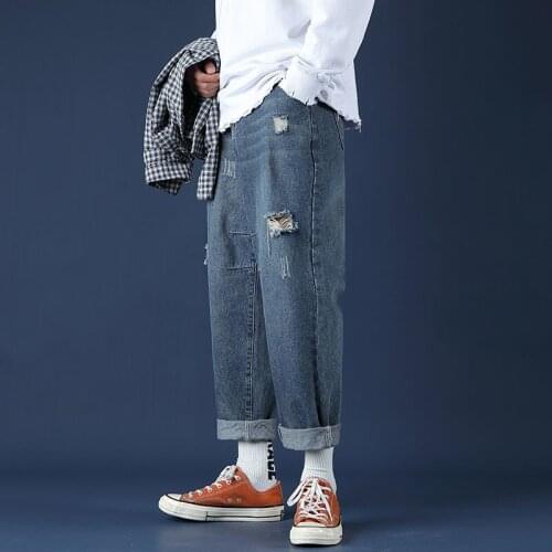 Washed Ripped Jeans For Men Wide-leg Straight Pants Casual Trend Denim Trousers Four Seasons Loose Simple Nine-point Jean M-3XL