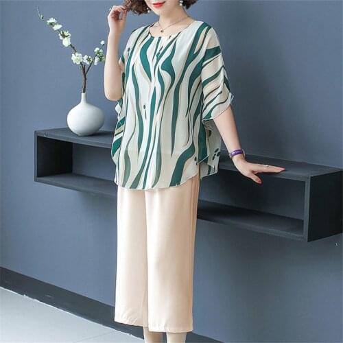 2021 New Summer Middle Aged Women Causal Fashion Tracksuit Loose Chiffon Two Piece Mother Suit Plus Size 5XL Pants Set