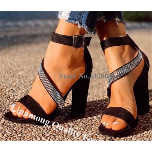 Linamong Fashion Style Open Toe Chunky Heel Rhinestone Straps Gladiator Sandals Black Suede Ankle Buckle Thick High Heel Sandals