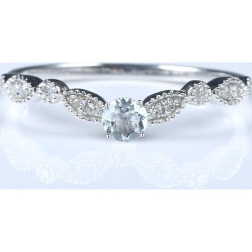 Solid 14k White Gold Natural Diamonds Engagement Wedding Ring for Women 4mm Round Cut Aquamarine Fine Jewelry