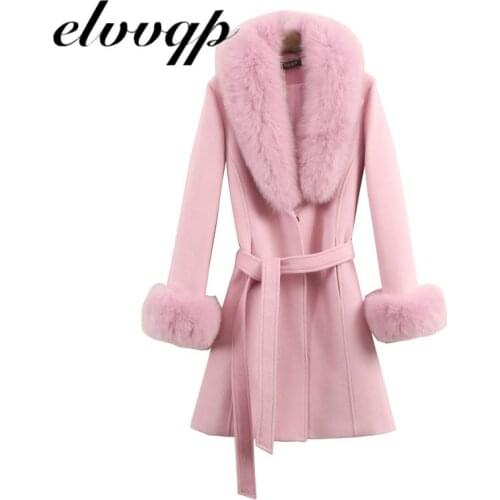 Plus Size Woman Autumn Winter High Quality Elegant Woolen Coat Female Long Section Slim Belt Large Coat Detachable Fur Collar