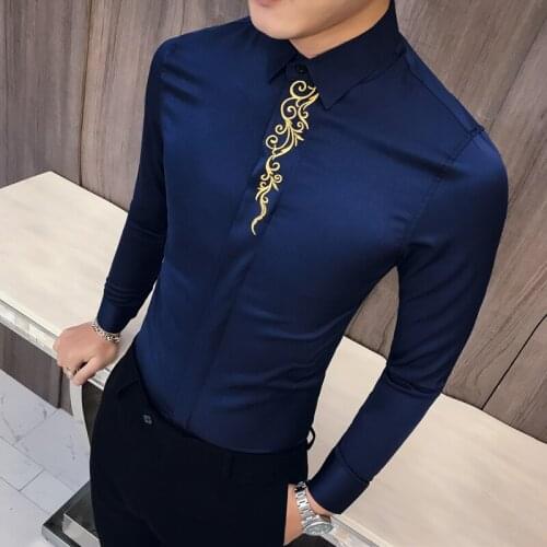 Spring Embroidered Slim Fit Long Sleeve Shirt Men Social Club Prom Shirt Camisa Masculina Luxury Korean Shirt Men Kemeja Pria