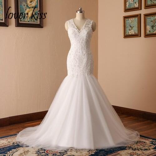 Lover Kiss vestido de noiva 2021 Wedding Dress Lace Mermaid Lace V Neck Sexy Back Bride Gowns For Plus Size Women robe de mariee