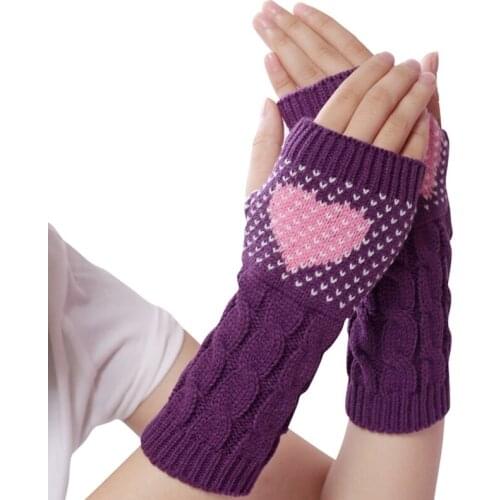 Women Winter Knitted Half Finger Gloves Sweet Heart Jacquard Fingerless Mittens X7JB