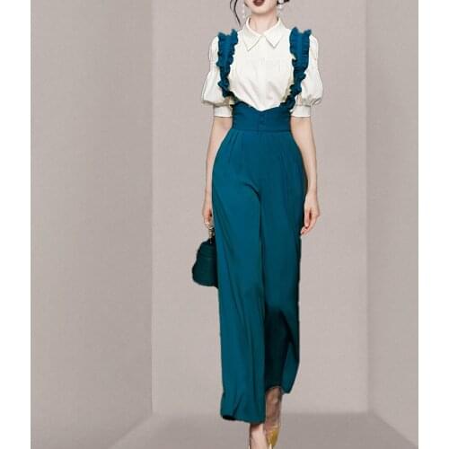 Summer Suit Women Fashion Elegant Puff Sleeve Shirt Top + Chic High Waist Wide Leg Long Pants Rompers Female Office 2-Piece Set